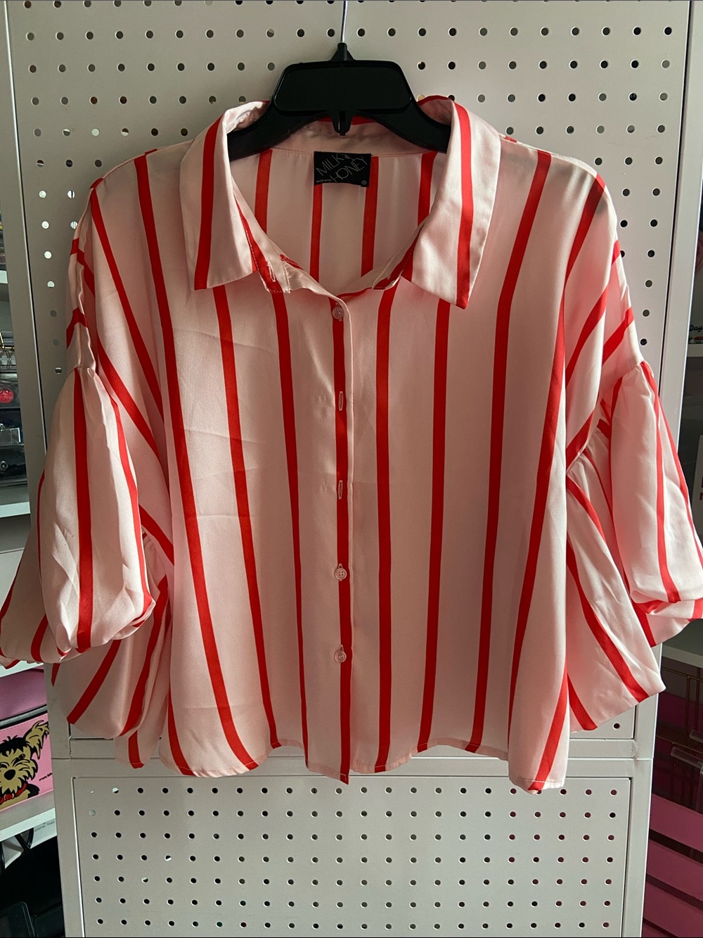 Women's Pink Blouse with Red Stripe Button-Down Bubble sleeve